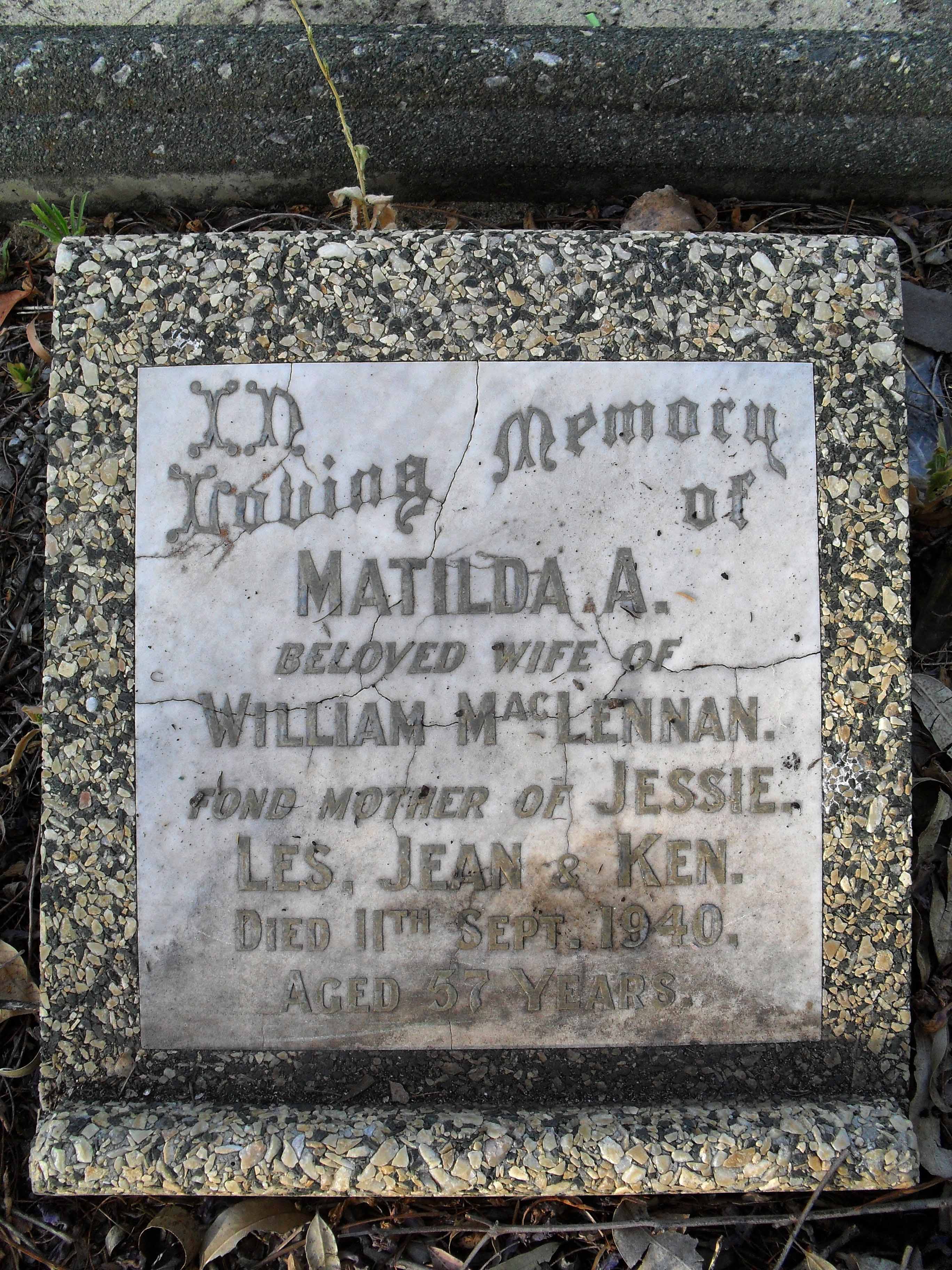 Photo of headstones/Matilda A MacLennan d1940 hdstn Karrkatta WA